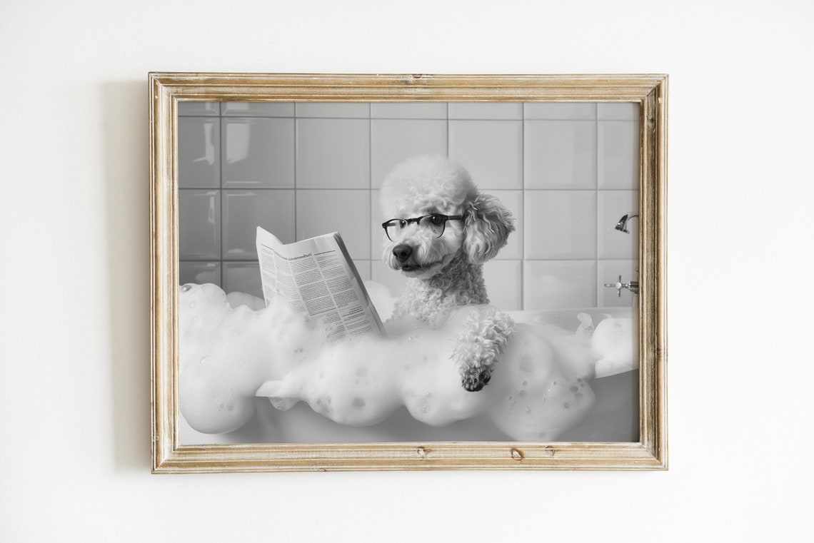 Poodle in Bubble Bath With Glasses Reading Newspaper Funny Dog Poster - Image 2