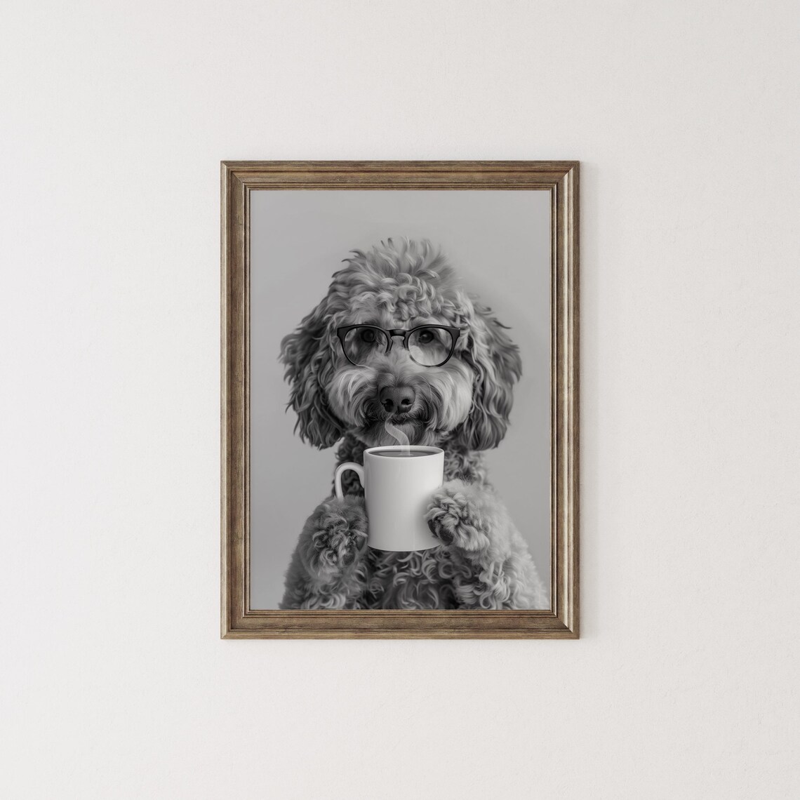 Goldendoodle and Coffee Black and White Art Print - Image 2
