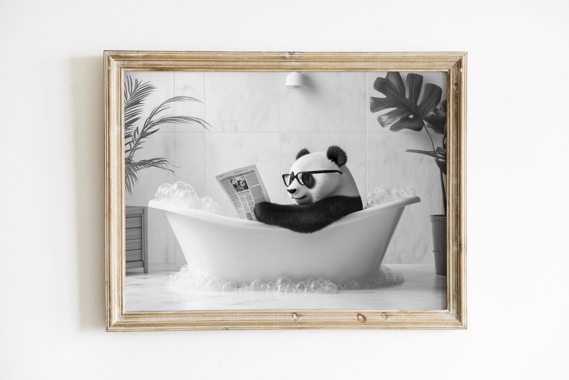 Panda Reading Newspaper In Bubble Bath Black White Funny Animal Poster - Image 3