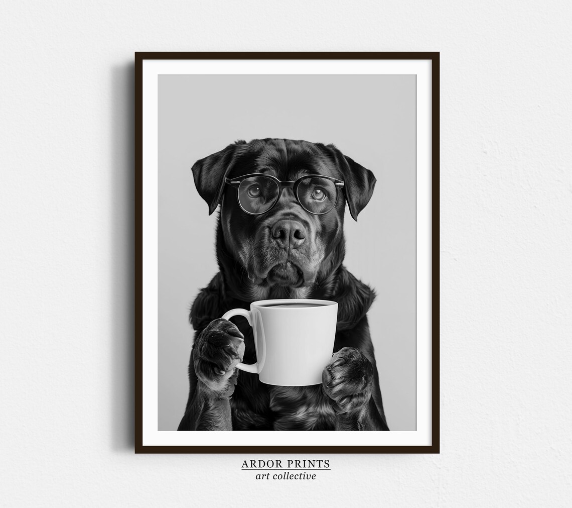 Rottweiler And Coffee Black And White Art Print