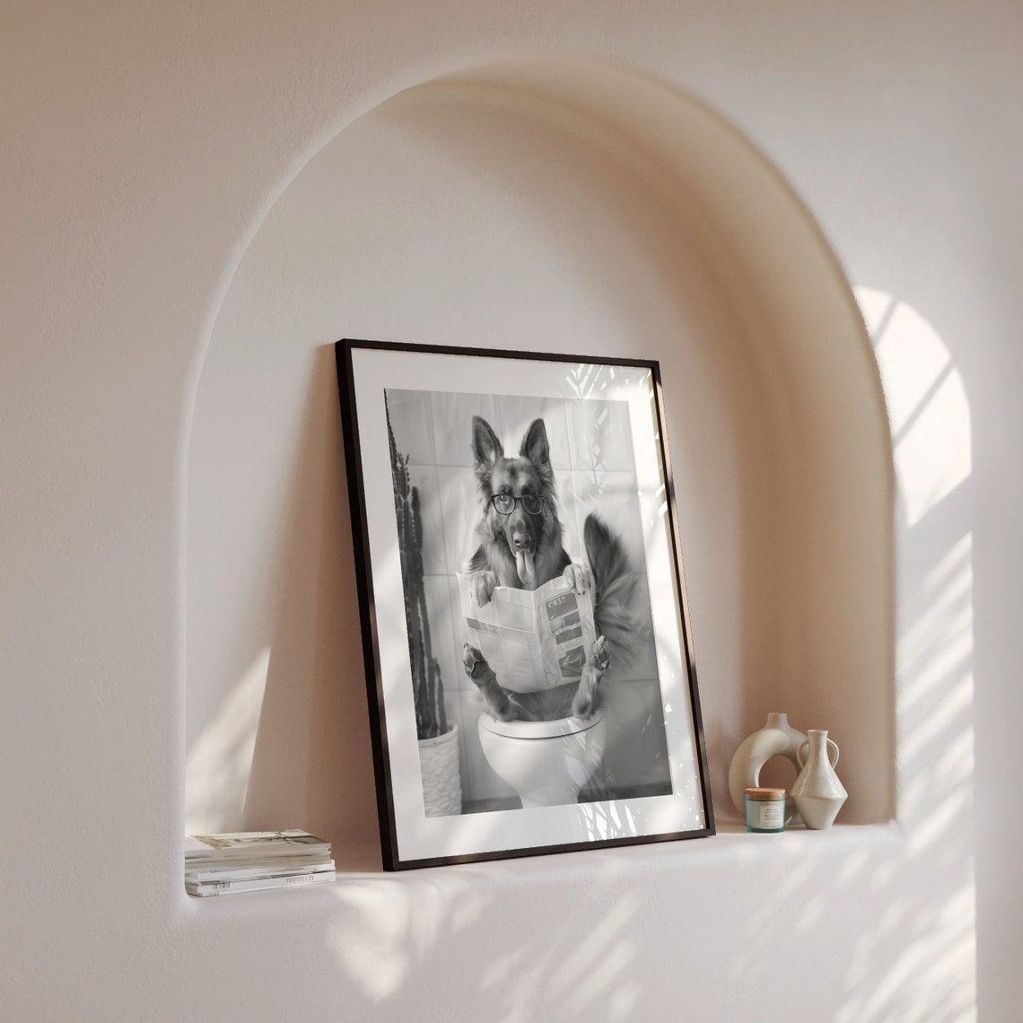 German Shepherd Sitting on Toilet Reading Newspaper Funny Dog Poster - Image 4