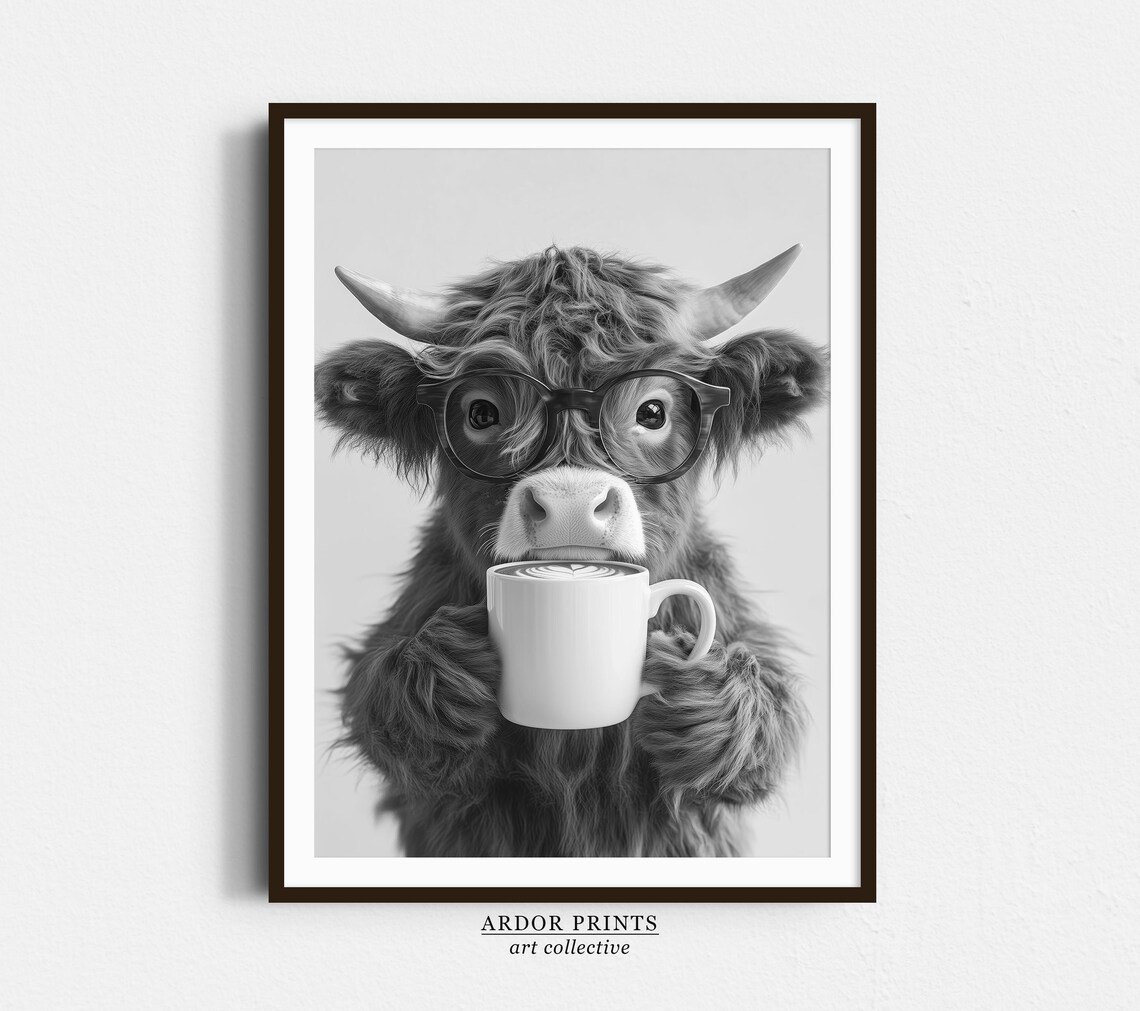 Highland Cow Drinking Coffee, Black and White Art Print