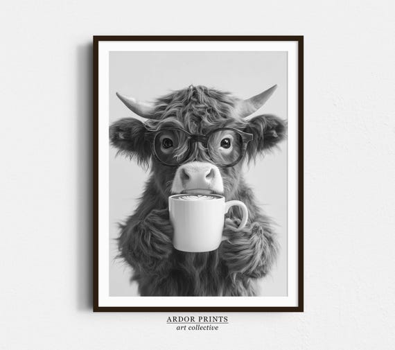 Highland Cow Drinking Coffee, Black and White Art Print