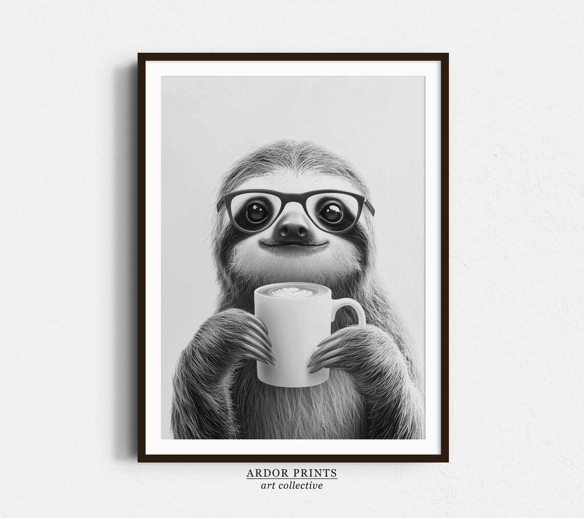 Sloth Drinking Coffee Black And White Art Print