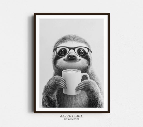 Sloth Drinking Coffee Black And White Art Print