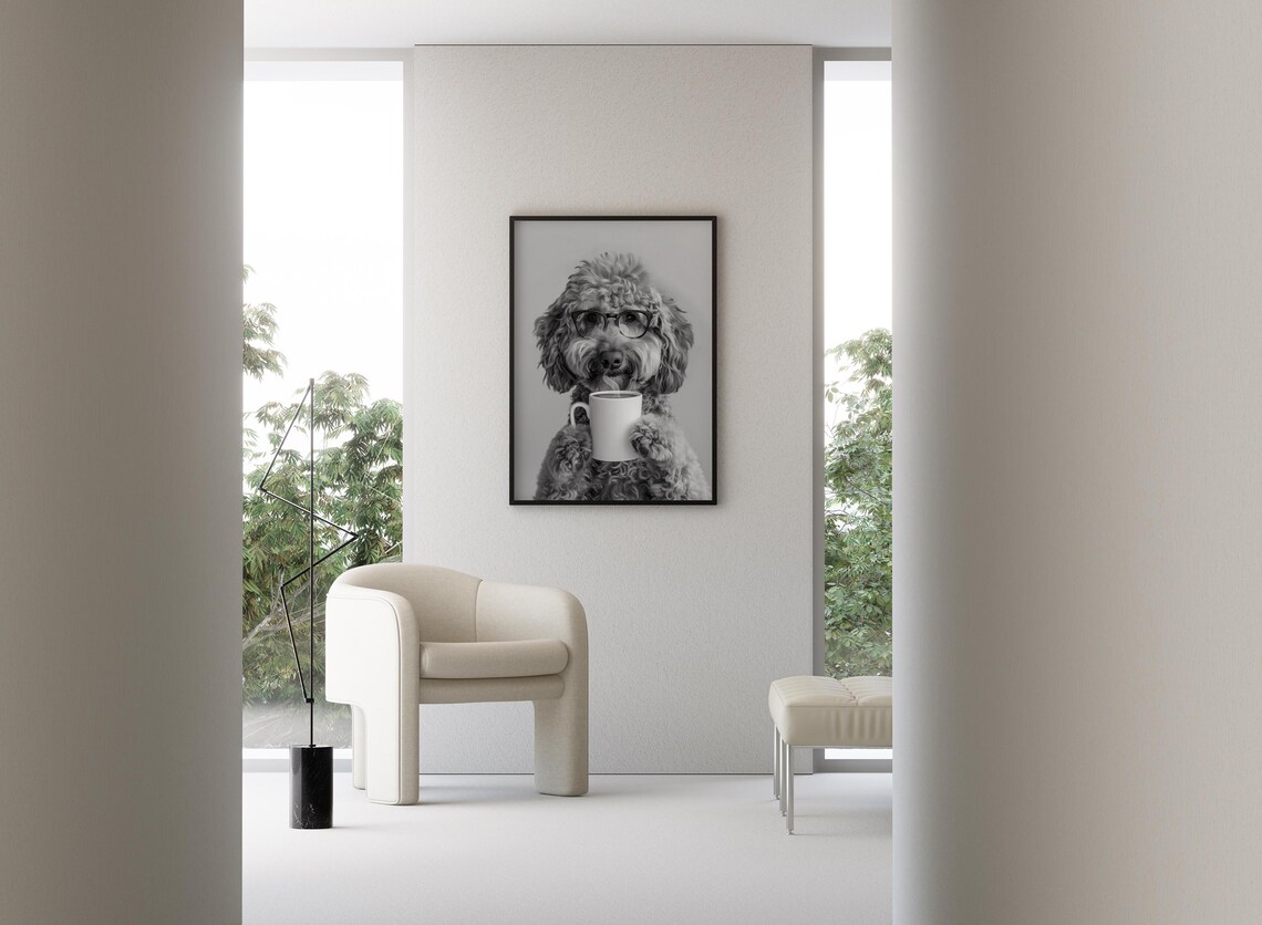 Goldendoodle and Coffee Black and White Art Print - Image 3