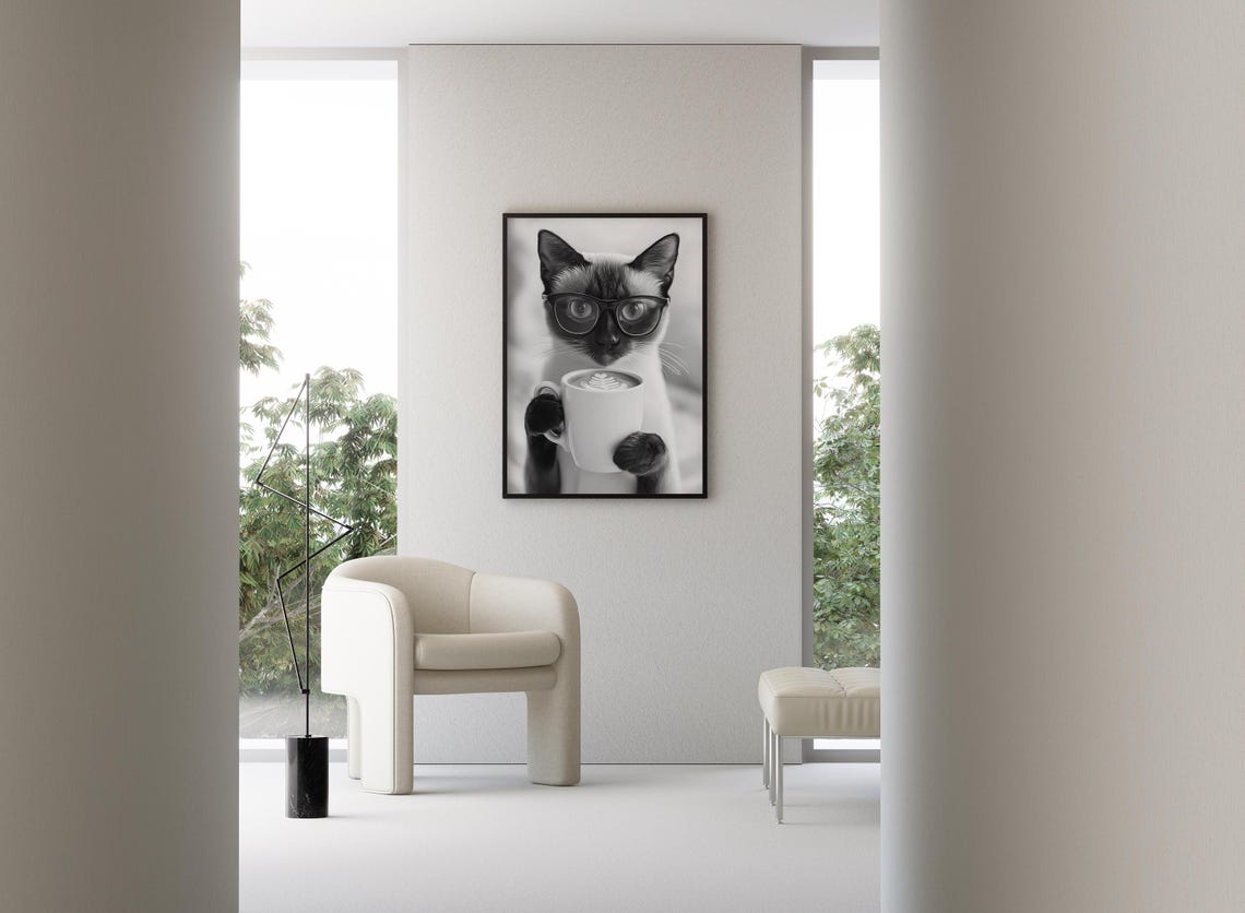 Siamese Cat Coffee Break Funny Cat With Glasses Drinking Coffee Poster - Image 3