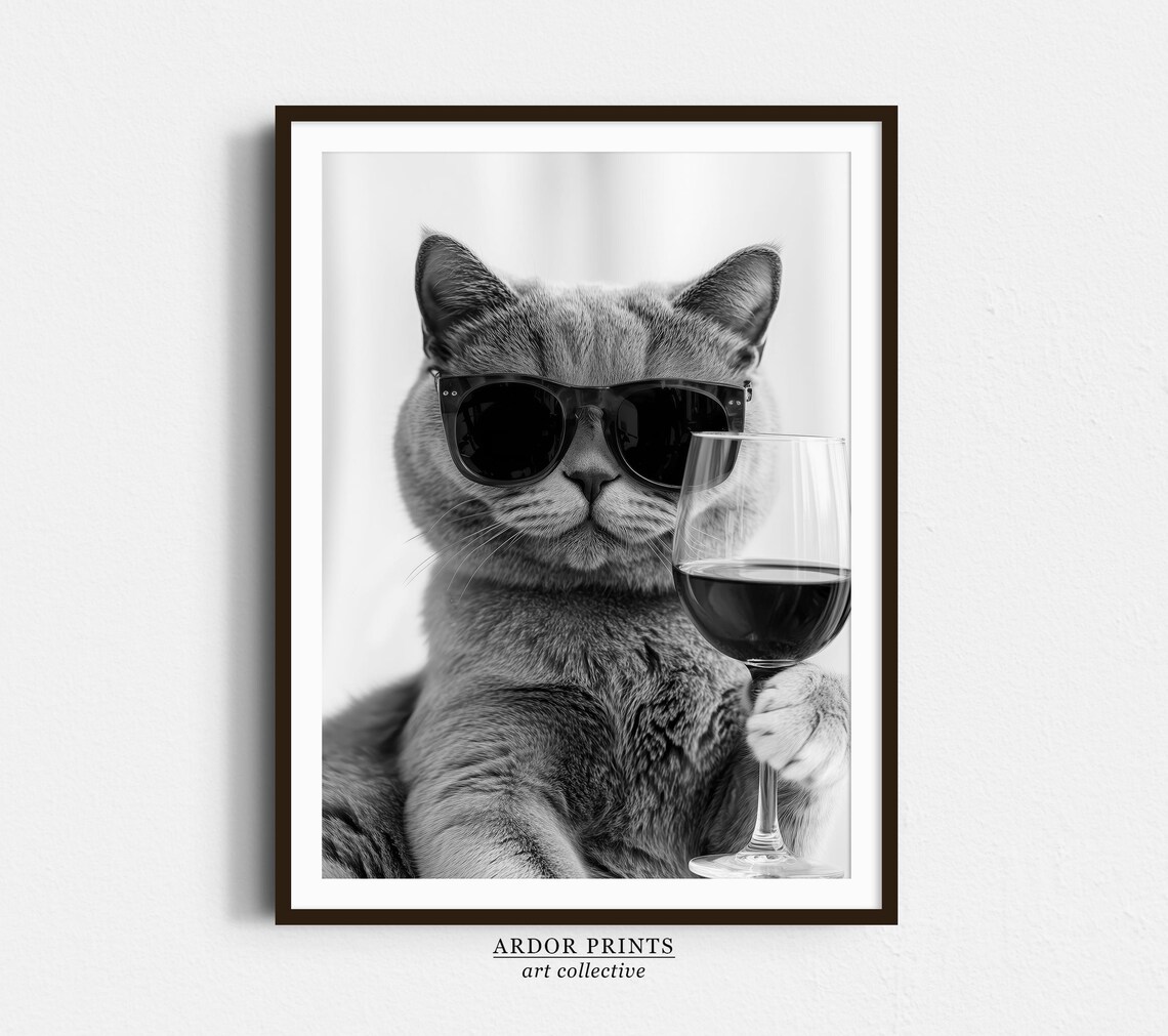 British Shorthair Cat Drinking Wine, Bar Decor Art Print