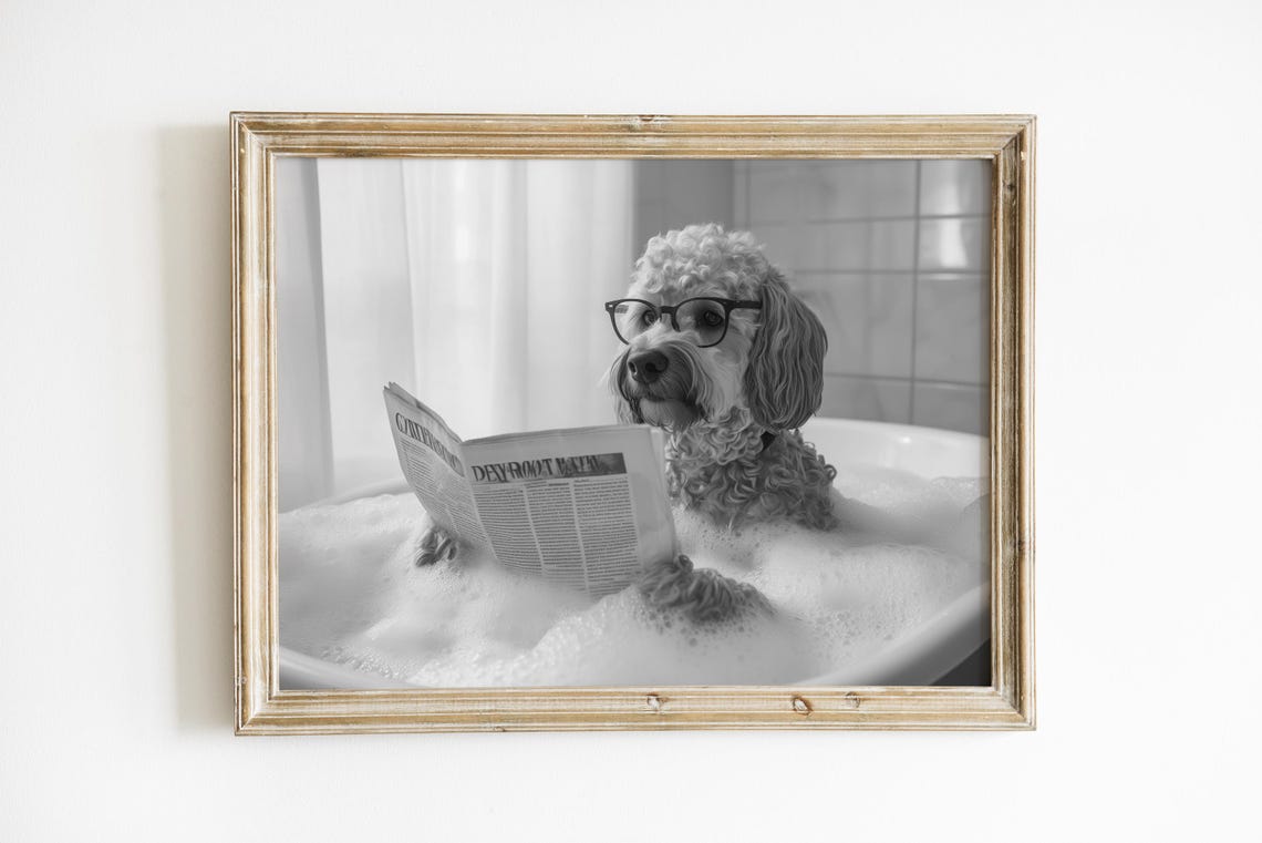 Labradoodle Reading Newspaper In Bubble Bath Funny Bathroom Poster - Image 3