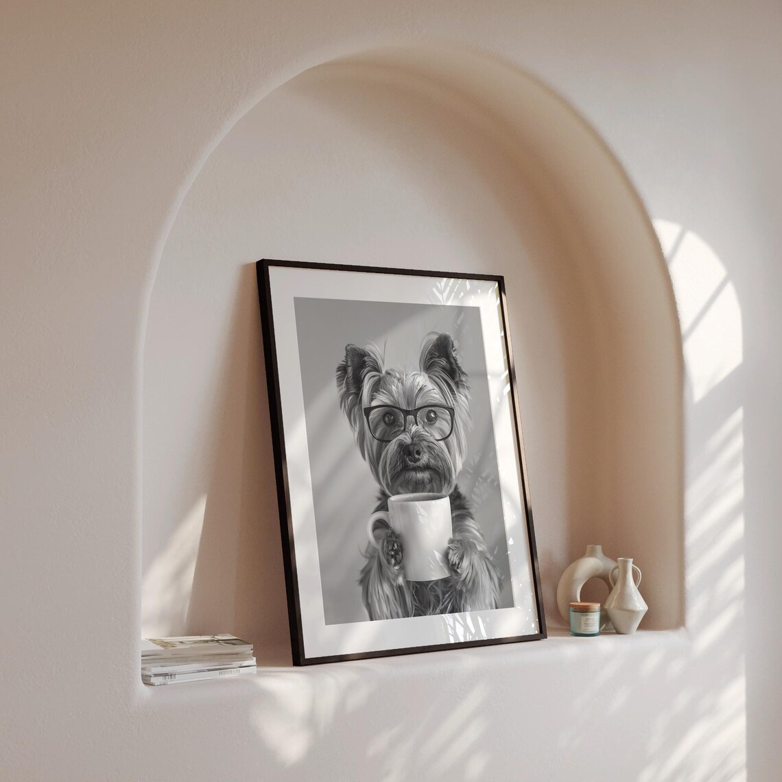Yorkie and Coffee Black and White Art Print - Image 4