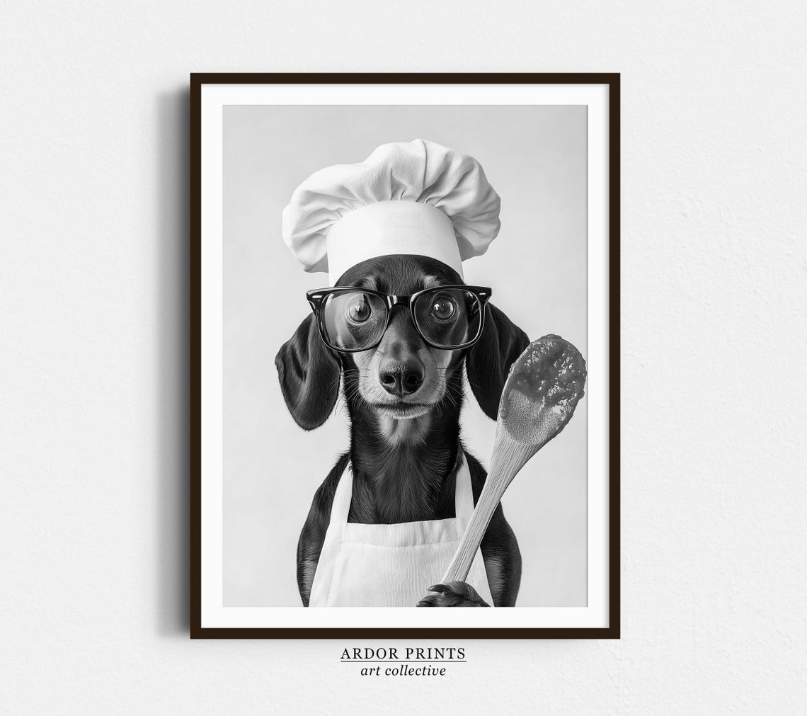Dachshund Chef With Hat and Glasses Black and White Funny Poster