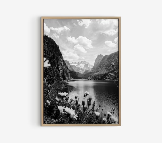 Lake And Mountains Landscape Wall Art Scenery Photo Austria Black And White Art Print Vintage Wall Decor