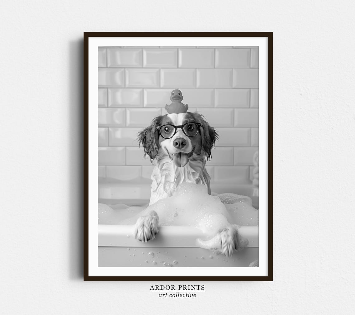 Brittany Spaniel in Bubble Bath With Rubber Duck on Head Funny Poster