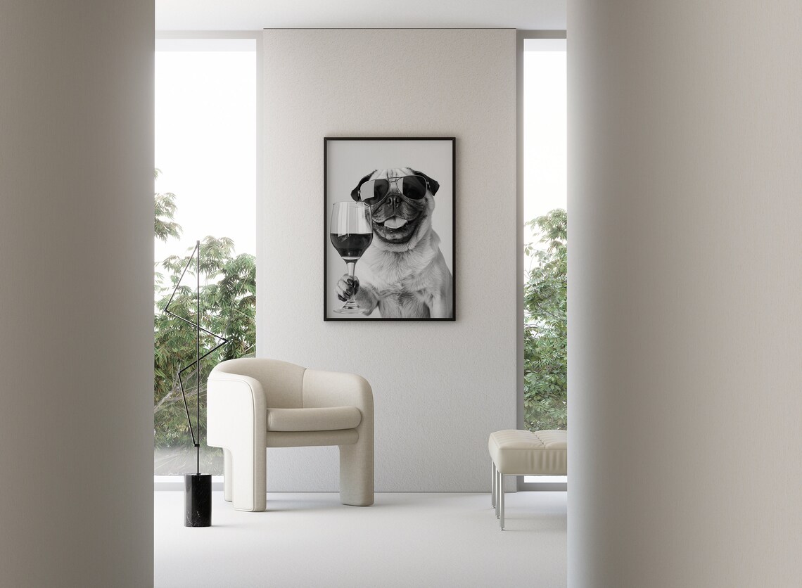 Pug Holding Wine Black and White Art Print - Image 3