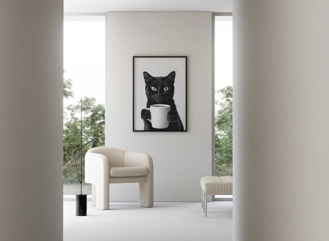 Black Cat Drinking Coffee Wall Art, Funny Coffee Poster - Image 3