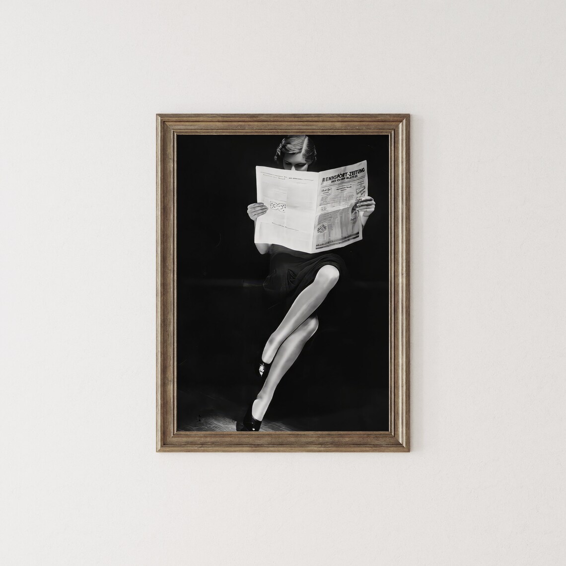 Vintage Woman Reading Newspaper 1930s Fashion Elegant Black And White Print - Image 3