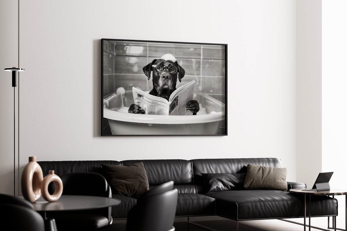 Labrador Reading Newspaper in Bubble Bath Black and White Poster - Image 4