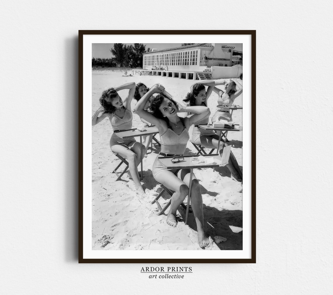 Beauty School At The Beach Wall Print 1940s Women In Swimwear Bikini Fashion Vintage Beauties Black And White Wall Art Retro Wall Decor