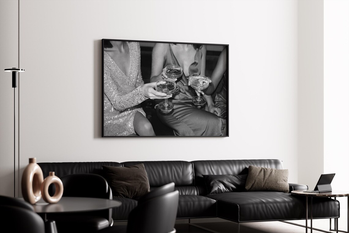 Women Toasting Champagne Cocktail Glasses Black and White Photo Poster - Image 4