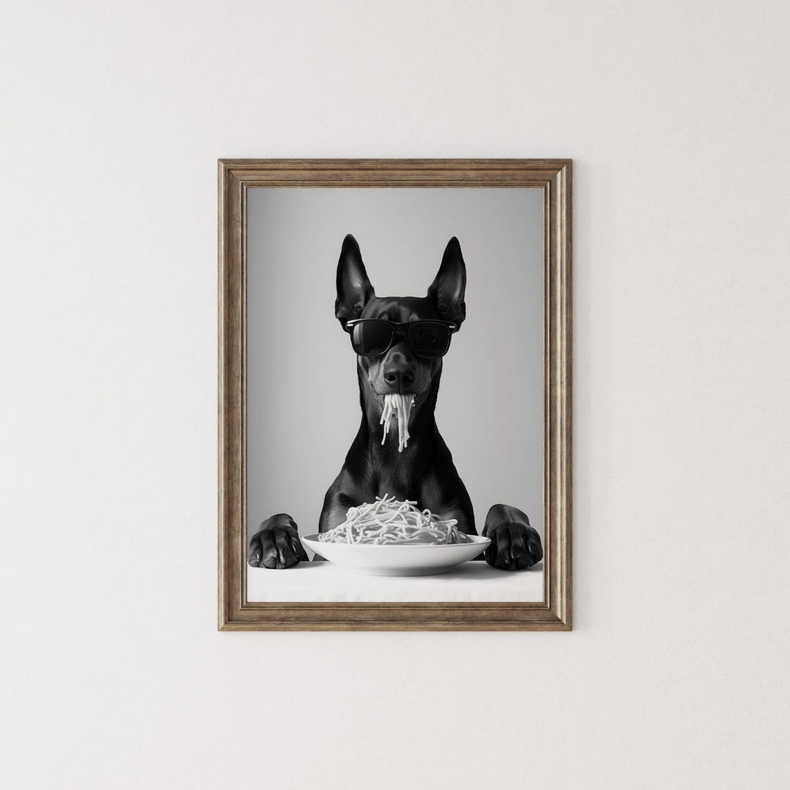 Doberman Pinscher Eating Spaghetti Sunglasses Funny Dog Wall Art - Image 2