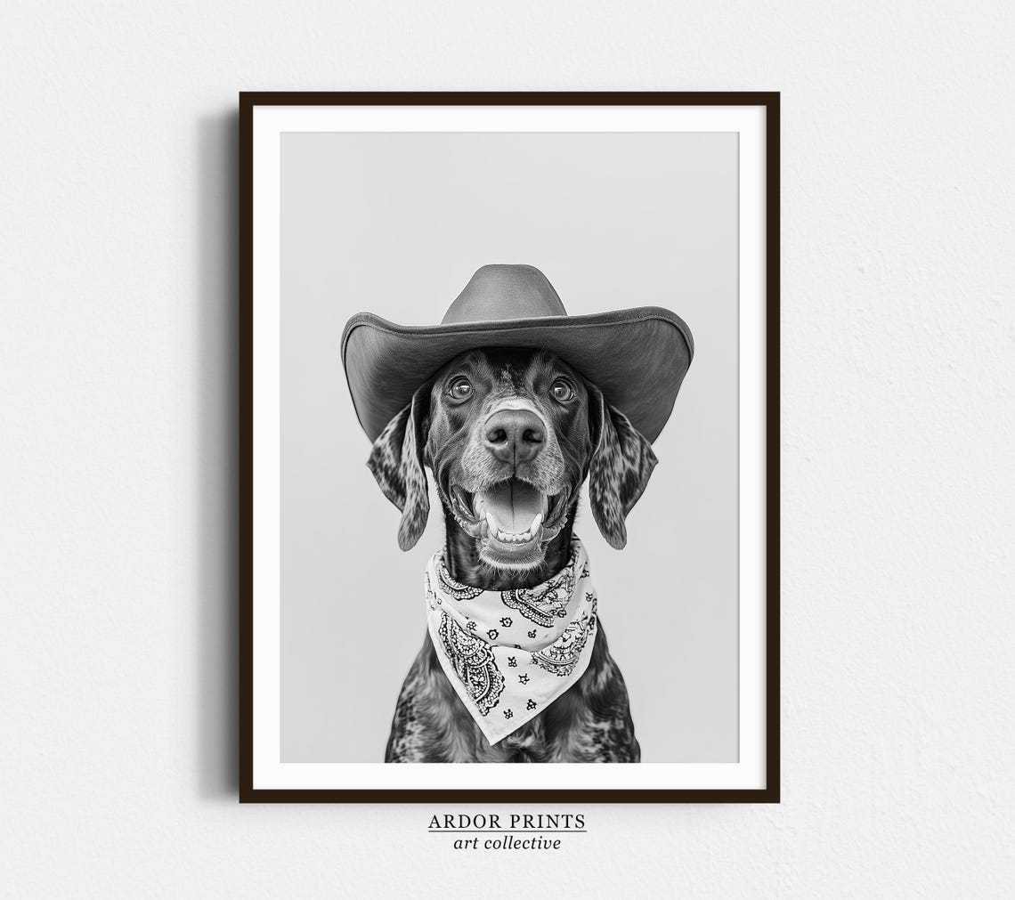 German Shorthaired Pointer Wearing a Cowboy Hat Black and White Poster
