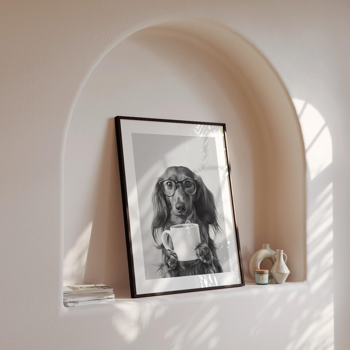 Long Haired Dachshund and Coffee Black and White Art Print - Image 4