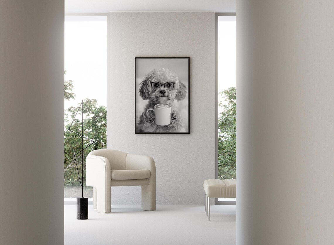 Maltipoo Drinking Coffee Black And White Art Print - Image 3