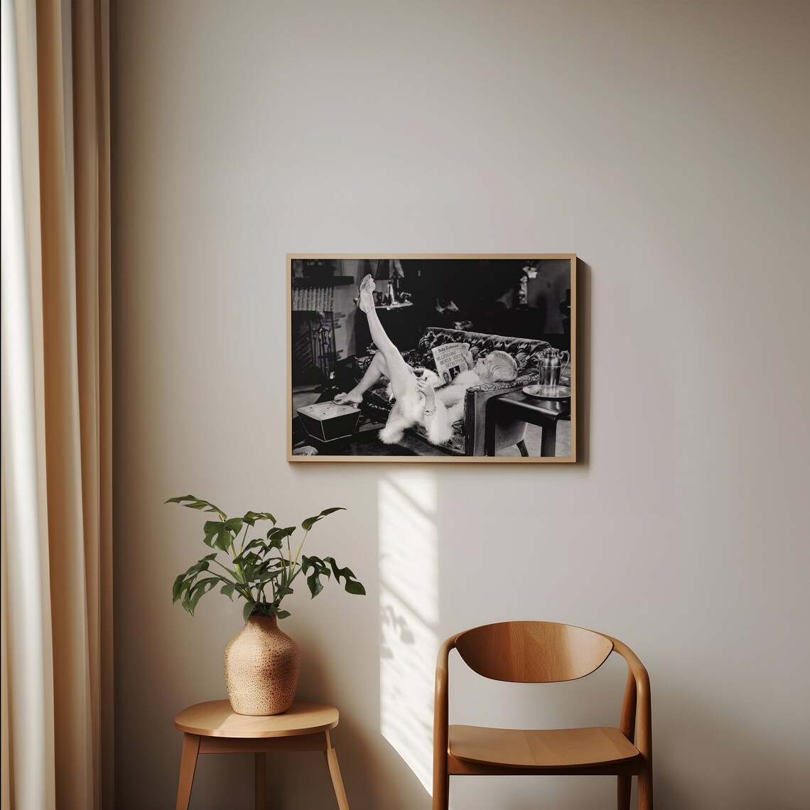 Woman Drinking Wine and Reading Newspaper, Vintage Print - Image 2