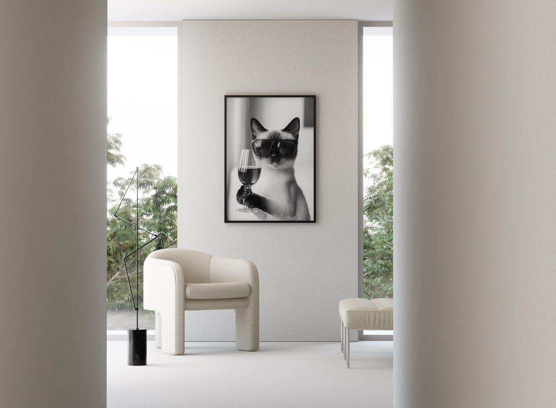 Siamese Cat With Sunglasses Holding Wine Glass Black White Poster - Image 3