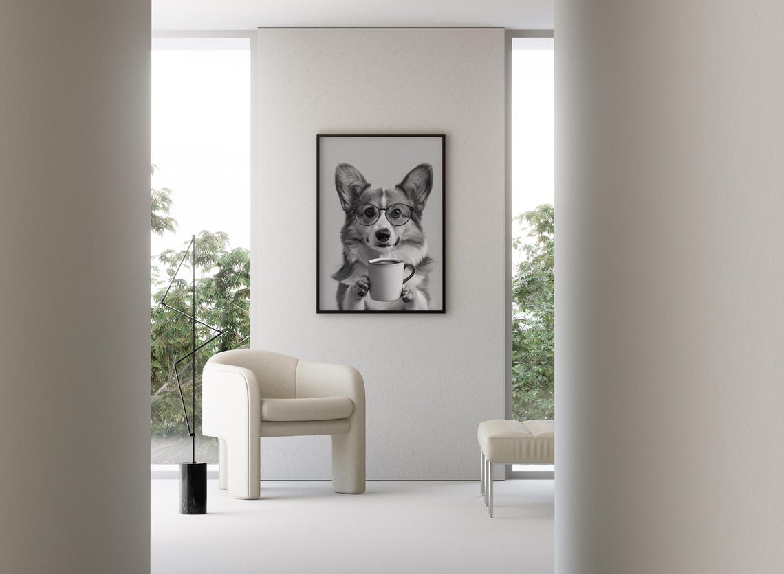 Corgi With Glasses Holding Coffee Mug Black and White Poster - Image 3