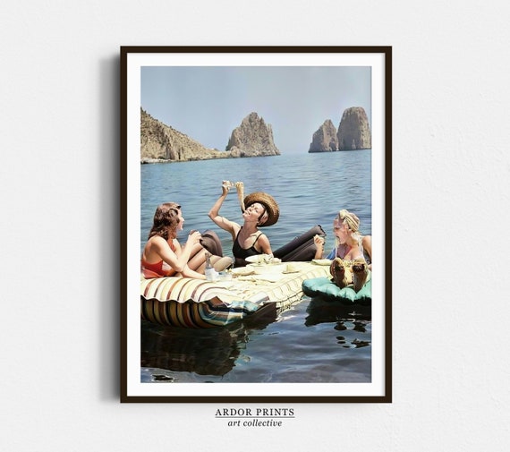 Women Eating Pasta On Water Art Vintage Girls Eating Spaghetti On Lake Print Picnic On Floaties Poster Kitchen Wall Art Retro Wall Decor