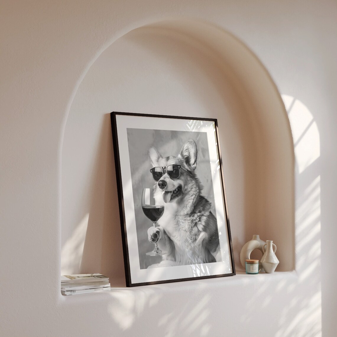 Corgi Drinking Wine Black and White Poster Print - Image 4