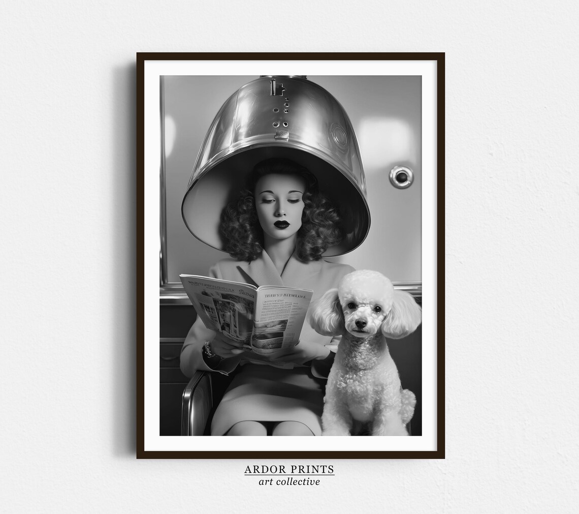 Lady and Poodle in Hair Salon, Vintage Art Print
