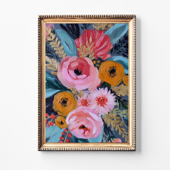 Pink Floral Wall Art Bold Botanical Print Modern Gold Accent