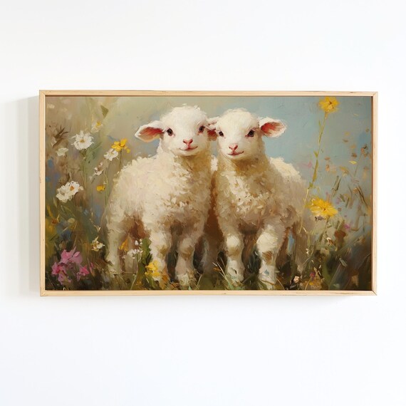 Two Baby Lambs Wildflower Meadow Oil Painting Style Artwork Poster