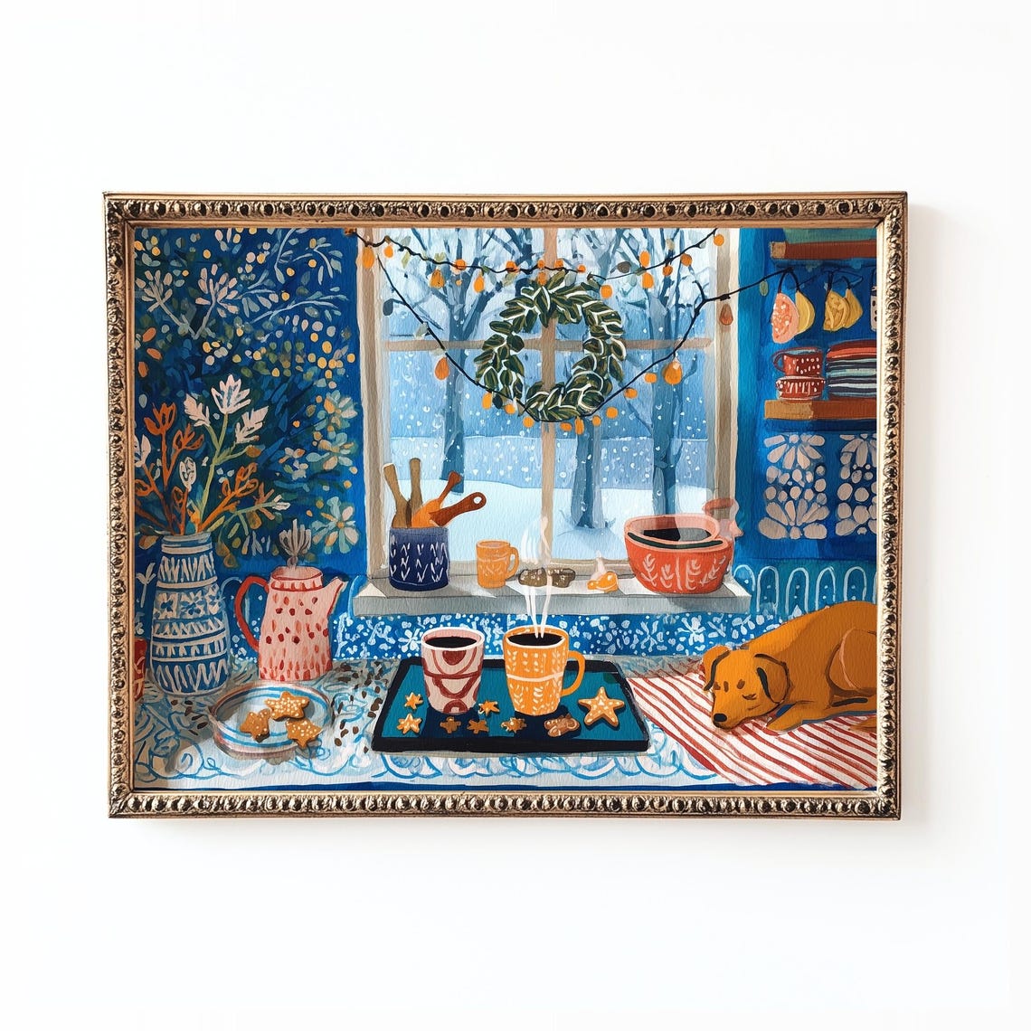 Winter Kitchen Window Hot Cocoa Sleeping Dog Cozy Art Poster