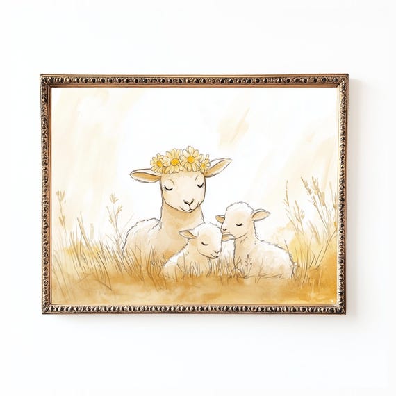 Watercolor Sheep And Lambs Art Print, Rustic Farm Nursery