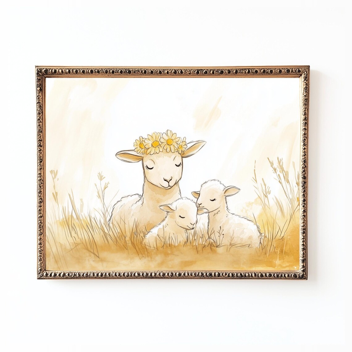 Watercolor Sheep And Lambs Art Print, Rustic Farm Nursery