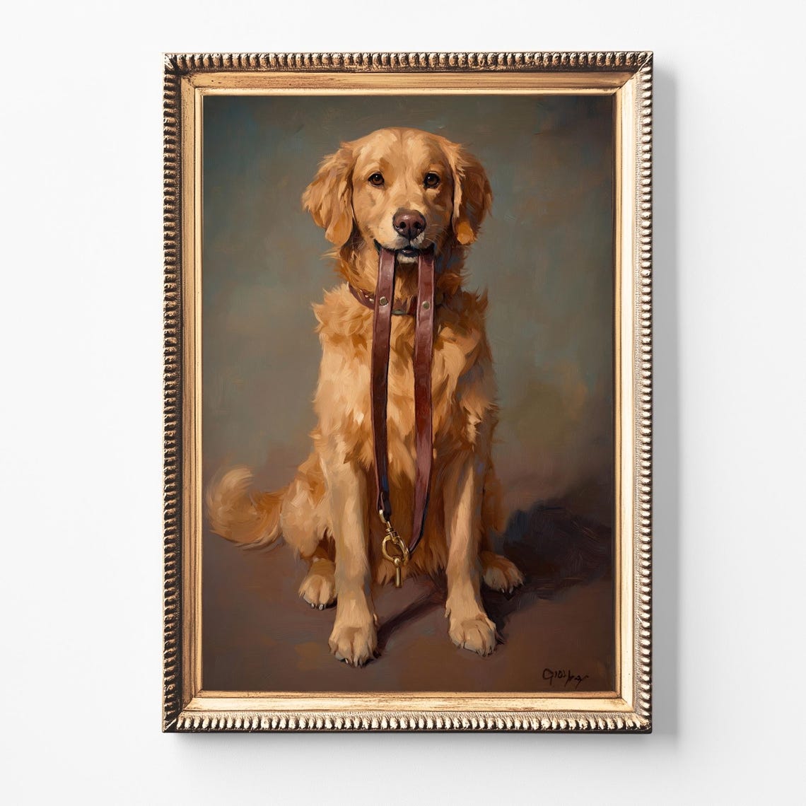 Golden Retriever Holding Leash Painted Pet Portrait Art Print
