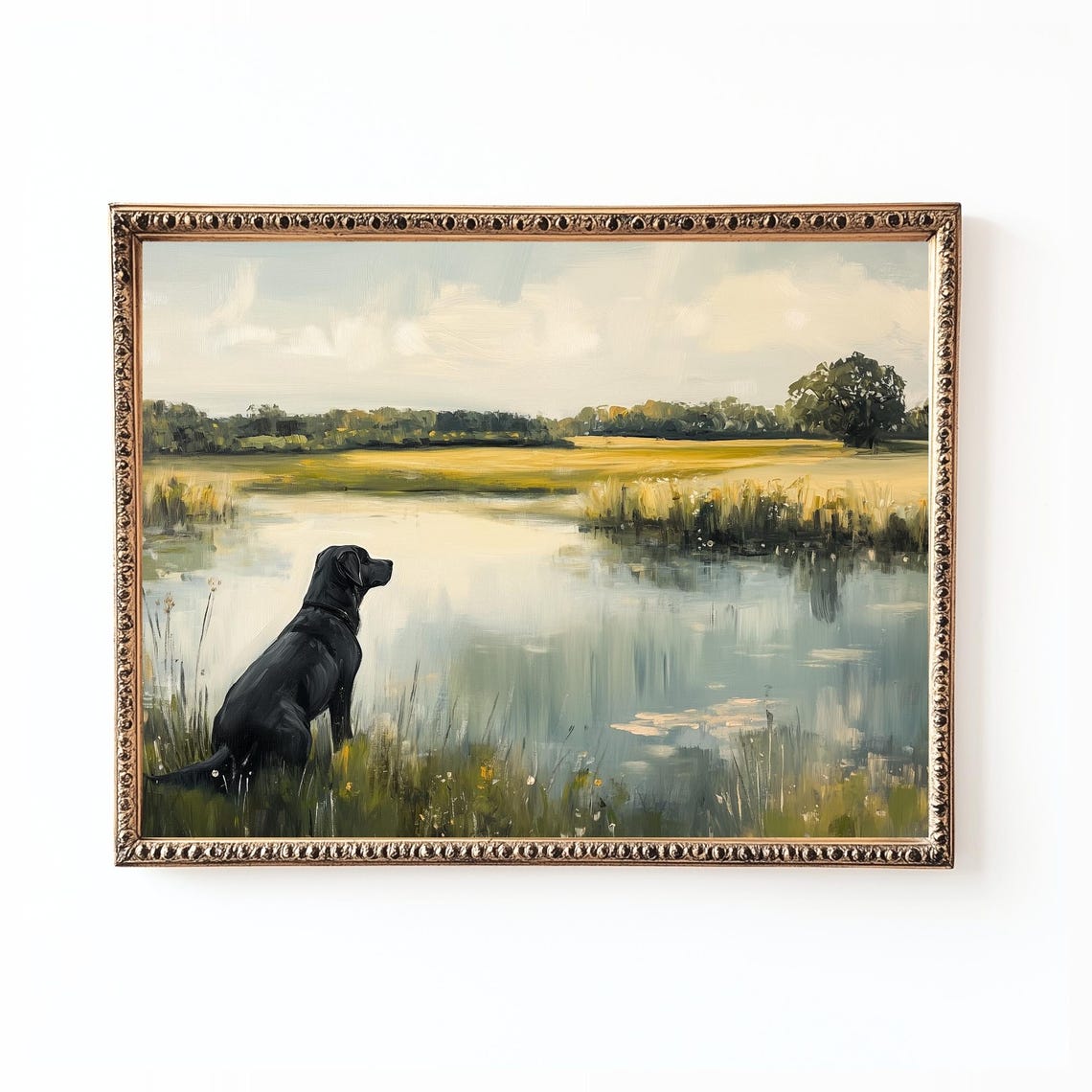 Black Labrador Lake Rustic Farmhouse Cabin Landscape Dog Art Print