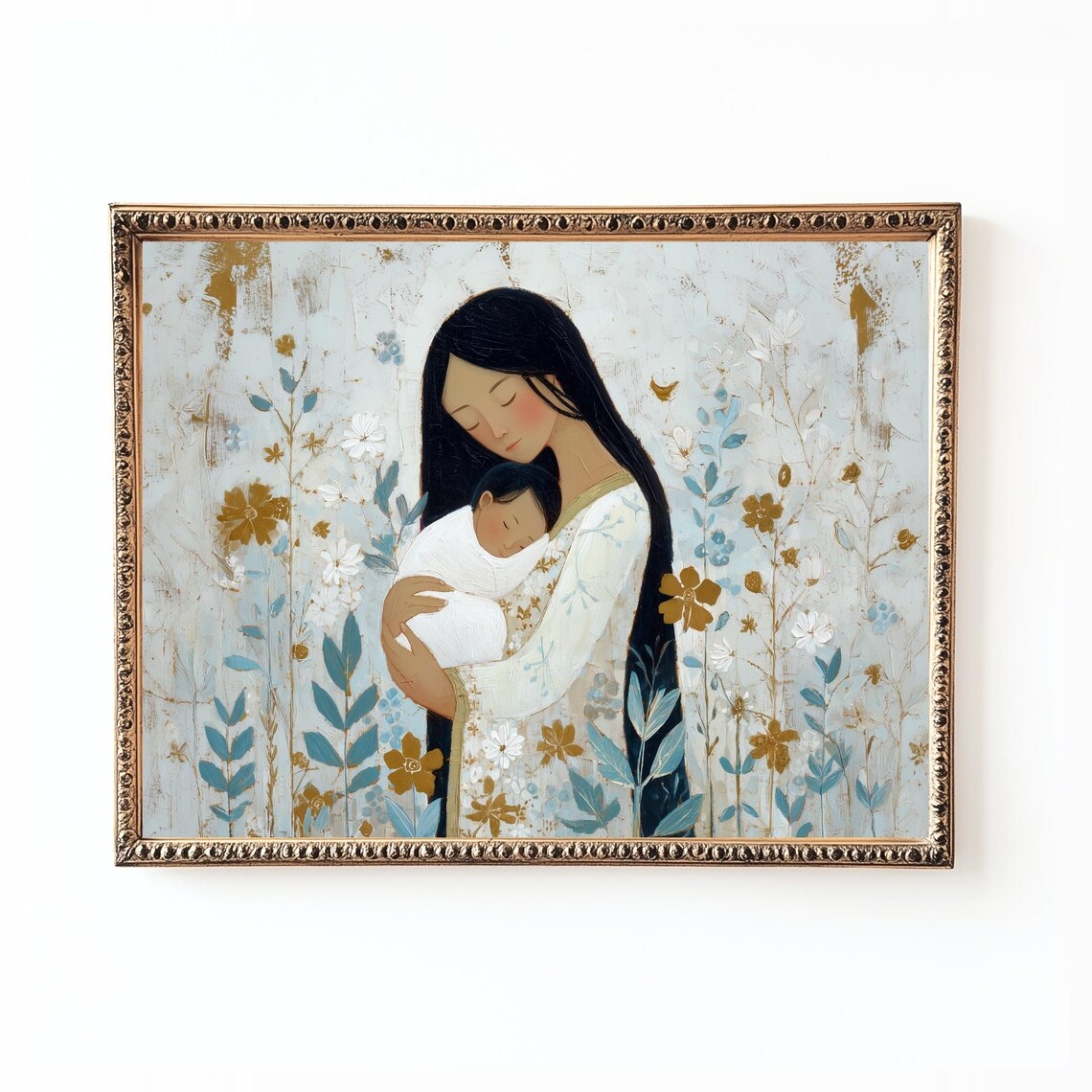 Tender Mother And Baby Floral Embrace Blue Gold Gallery Art Print