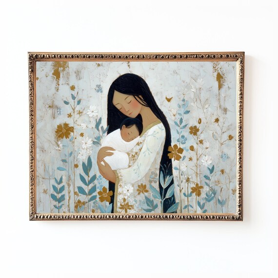 Tender Mother And Baby Floral Embrace Blue Gold Gallery Art Print