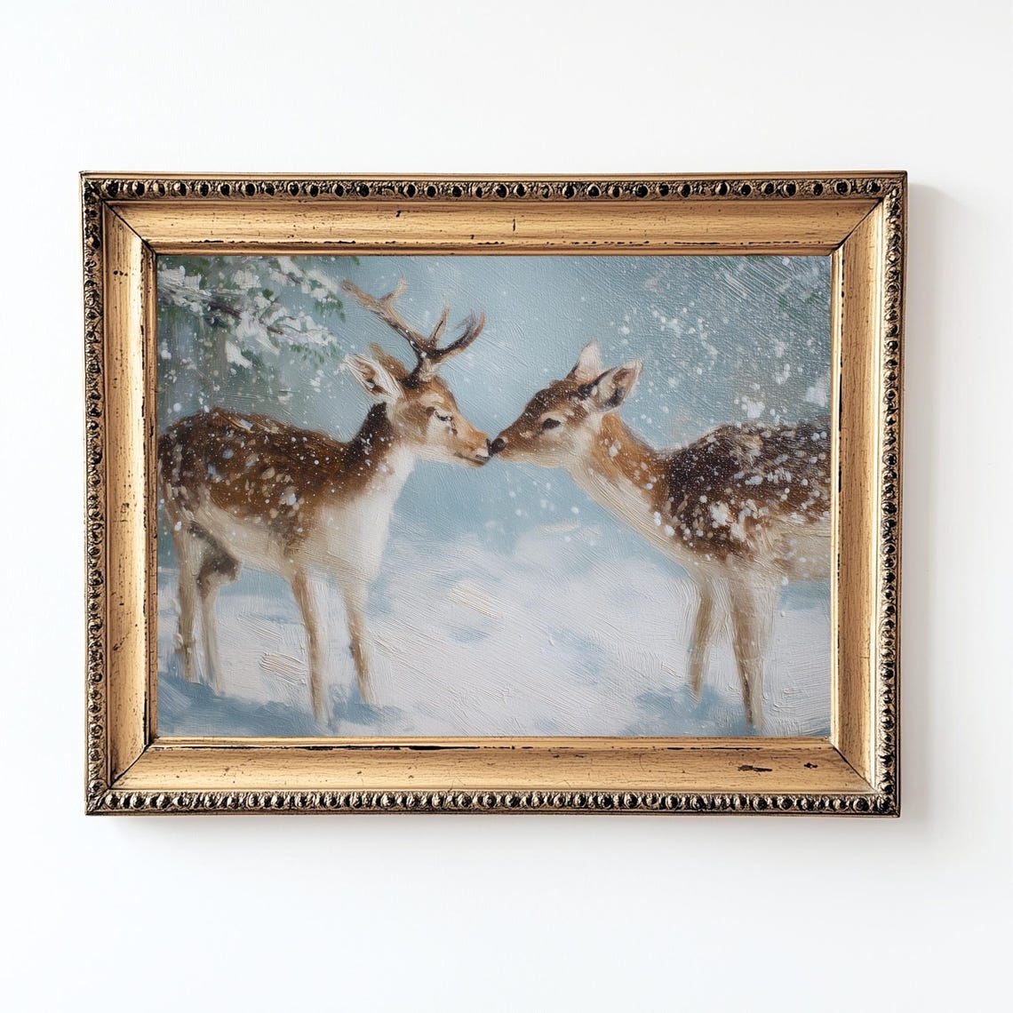 Kissing Fallow Deer Snowy Winter Romantic Holiday Painting Poster