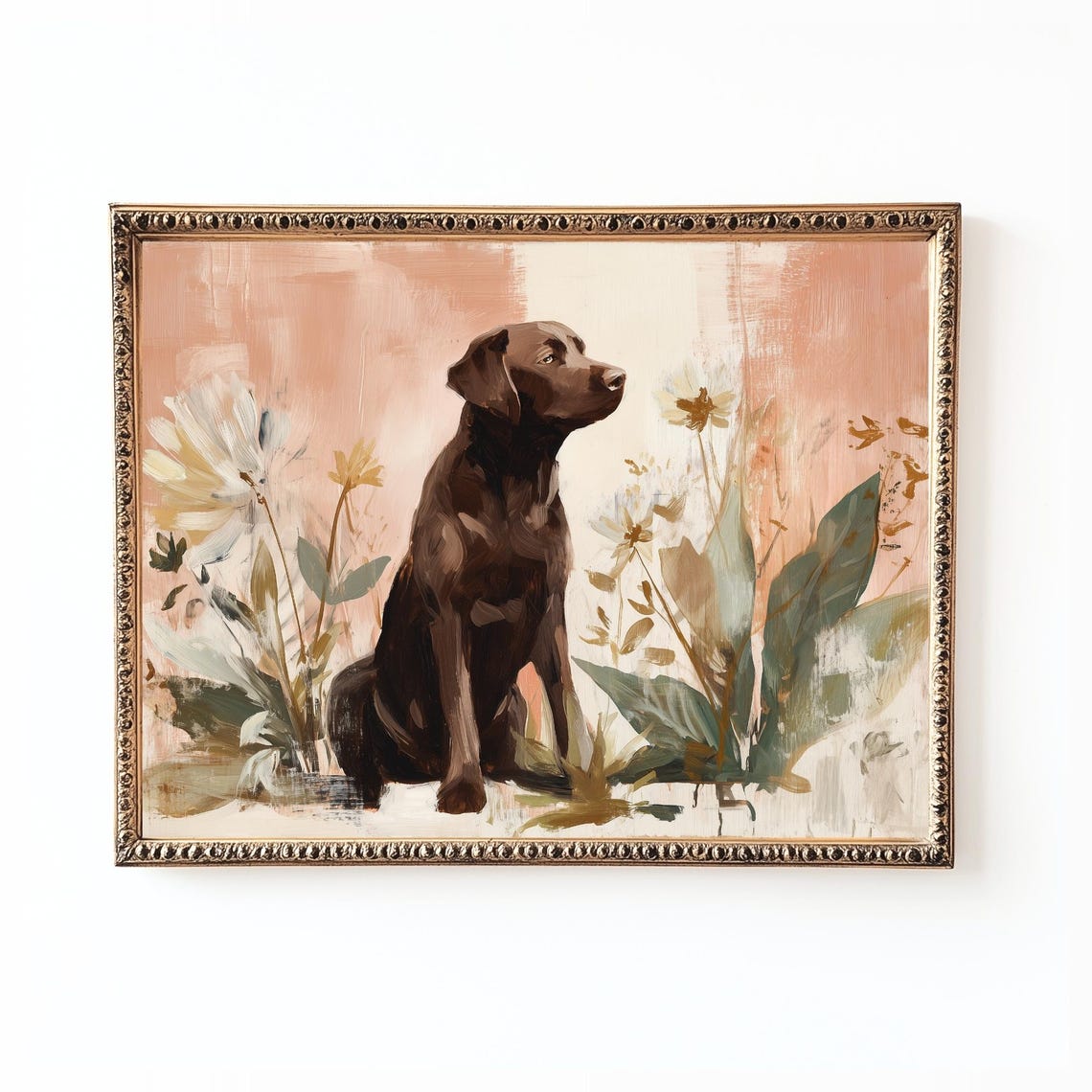 Chocolate Labrador Floral Portrait Farmhouse Dog Painting Wall Art