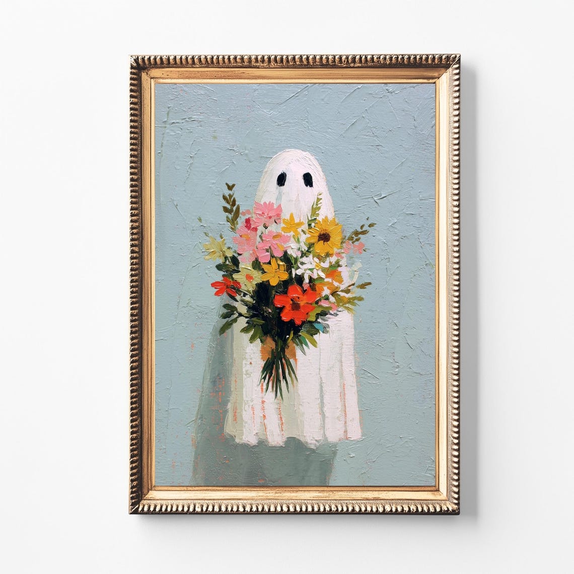 Cute Ghost Holding Wildflower Bouquet Spooky Halloween Art Poster