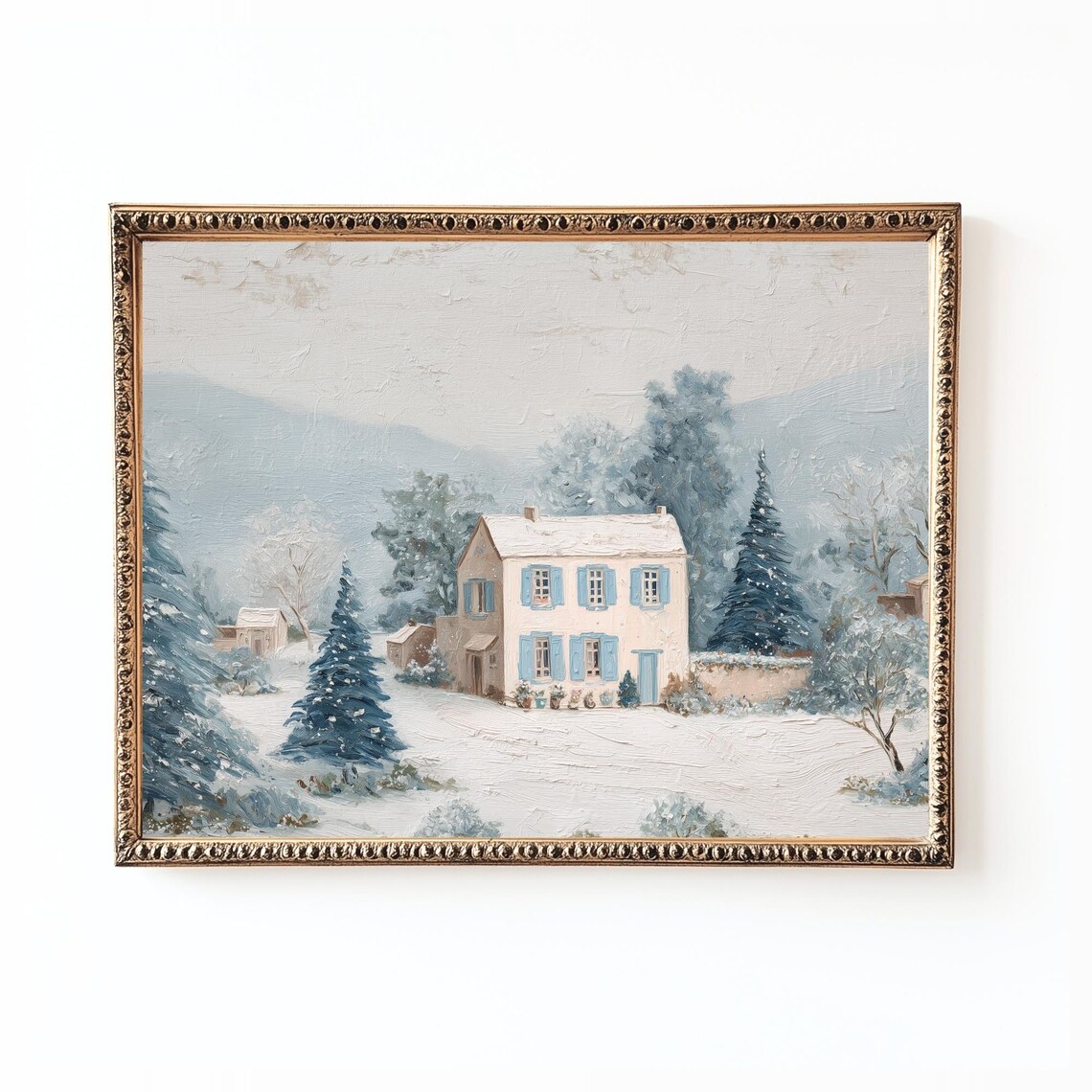 Winter Cottage Landscape, Vintage Art Print