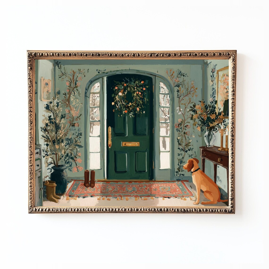 Green Door Dog Vintage Cottage Entryway Art Print