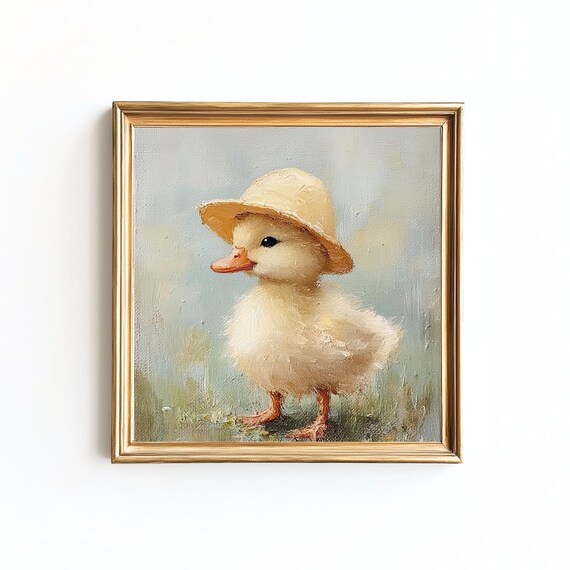 Baby Duckling Wearing Straw Hat Vintage Nursery Animal Art Poster