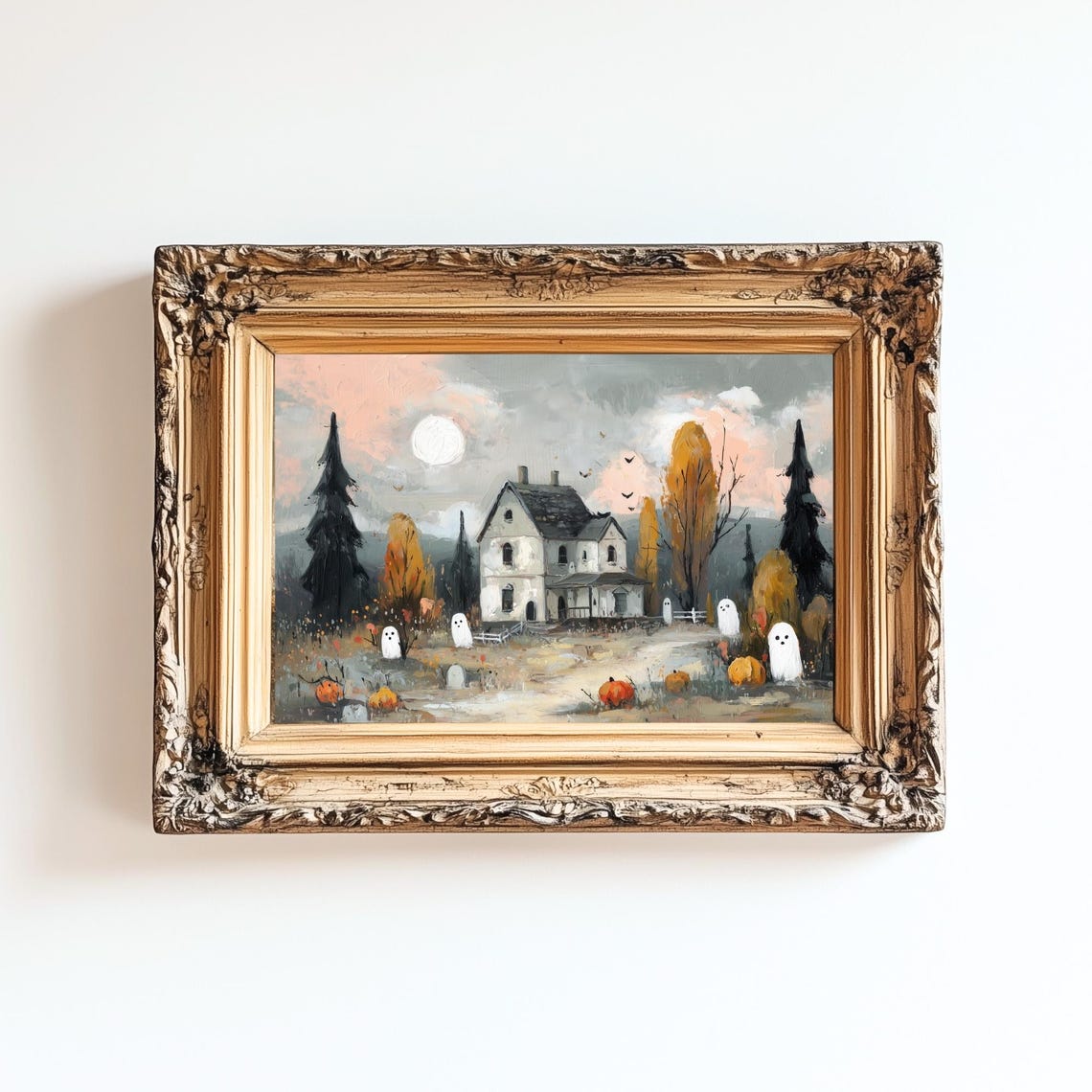 Haunted House With Ghosts And Pumpkins Folk Art Halloween Decor Print