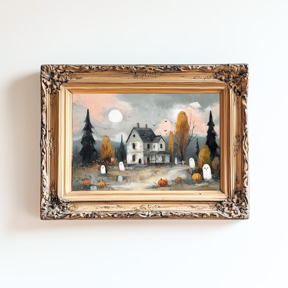 Vintage Halloween Haunted House Print Spooky Autumn Decor